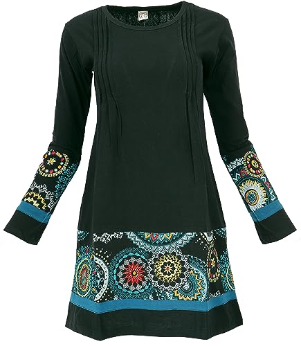 GURU SHOP Baumwoll Minikleid Chic, Langarm Tunika, Schwarz/blau, Baumwolle, Size:L (40) von GURU SHOP