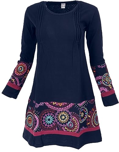 GURU SHOP Baumwoll Minikleid Chic, Langarm Tunika, Schwarz/pink, Baumwolle, Size:L (40) von GURU SHOP