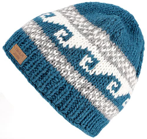 GURU SHOP Beanie Mütze, Strickmütze mit Mäandermuster aus Nepal, Wintermütze, Herren/Damen, Türkisblau, Wolle, Size:One Size von GURU SHOP