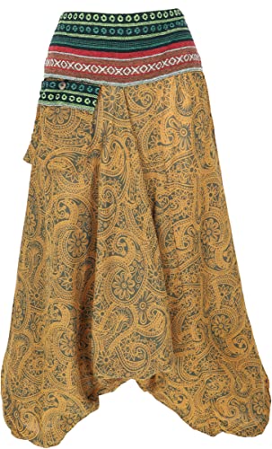 GURU SHOP Bedruckte Haremshose, Pluderhose mit Breitem Gewebtem Bund, Damen, Olive/Mustard, Synthetisch, Size:38 von GURU SHOP