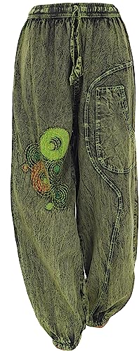 GURU SHOP Bestickte Aladinhose, Baumwollhose, Stonewash Pluderhose, Yogahose, Grün, Baumwolle, Size:M (38) von GURU SHOP