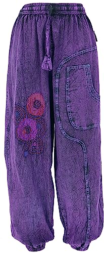 GURU SHOP Bestickte Aladinhose, Baumwollhose, Stonewash Pluderhose, Yogahose, Lila, Baumwolle, Size:M (38) von GURU SHOP