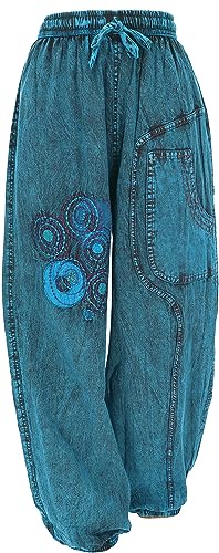 GURU SHOP Bestickte Aladinhose, Baumwollhose, Stonewash Pluderhose, Yogahose, Petrol, Baumwolle, Size:M (38) von GURU SHOP