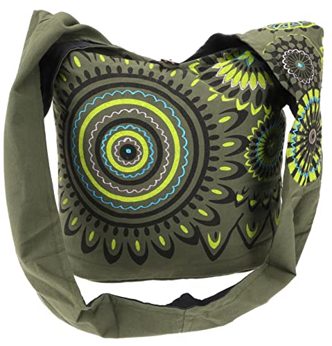 GURU SHOP Bestickte Boho Tasche, Schulterbeutel mit Mandala, Nepalbeutel - Olivgrün, Herren/Damen, Baumwolle, Size:One Size, 40x35x14 cm, Alternative Umhängetasche, Handtasche aus Stoff von GURU SHOP