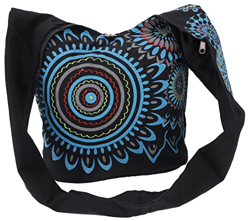 GURU SHOP Bestickte Boho Tasche, Schulterbeutel mit Mandala, Nepalbeutel - Schwarz/türkis, Herren/Damen, Baumwolle, Size:One Size, 40x35x14 cm, Alternative Umhängetasche, Handtasche aus Stoff von GURU SHOP