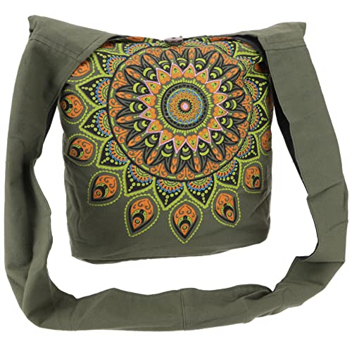 GURU SHOP Bestickte Boho Tasche, Schulterbeutel mit Mandala, Nepalbeutel - Olivgrün/lemon, Herren/Damen, Baumwolle, Size:One Size, 30x35x14 cm, Alternative Umhängetasche, Handtasche aus Stoff von GURU SHOP