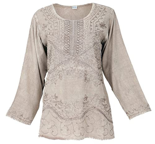 GURU SHOP Bestickte Indische Hippie Langarm Tunika, chic Bluse, Damen, Beige, Synthetisch, Size:40 von GURU SHOP