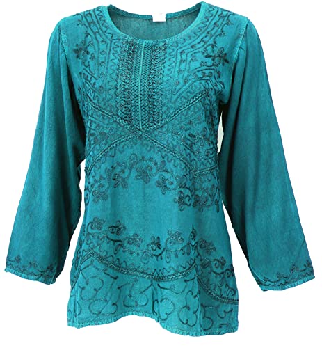 GURU SHOP Bestickte Indische Hippie Langarm Tunika, chic Bluse, Damen, Türkis, Synthetisch, Size:40 von GURU SHOP