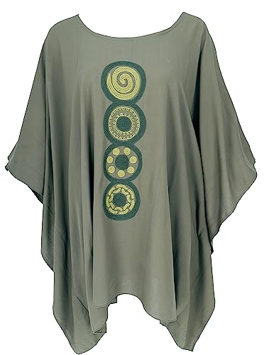 GURU SHOP Bestickter Hippie Poncho, Tunika, Kaftan, Strandkleid, Maxi Größe, Damen, Khaki, Synthetisch, Size:One Size, Blusen & Tunikas Alternative Bekleidung von GURU SHOP