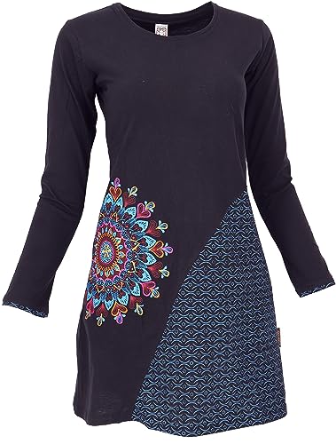 GURU SHOP Besticktes Chic Minikleid, Tunika mit Farbenfrohem Mandala, Schwarz/blau, Baumwolle, Size:L (40) von GURU SHOP