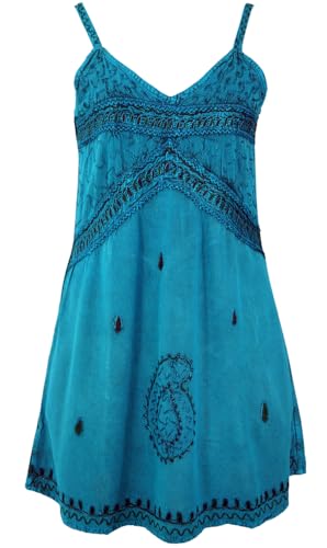 GURU SHOP Besticktes Indisches Kleid, Boho Minikleid - Türkisblau Design 1, Damen, Synthetisch von GURU SHOP