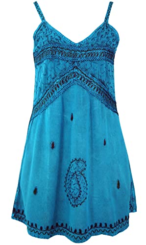 GURU SHOP Besticktes Indisches Kleid, Minikleid, Damen, Türkisblau Design 1, Synthetisch, Size:40 von GURU SHOP