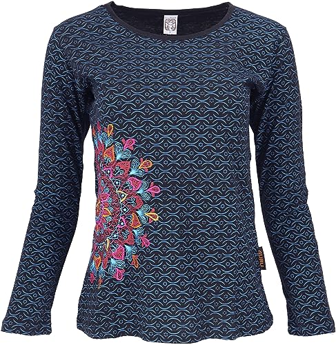 GURU SHOP Besticktes Langarmshirt Chic Retro, Schwarz/blau, Baumwolle, Size:M (38) von GURU SHOP