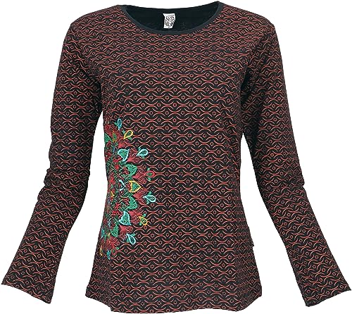 GURU SHOP Besticktes Langarmshirt Chic Retro, Schwarz/orange, Baumwolle, Size:M (38) von GURU SHOP