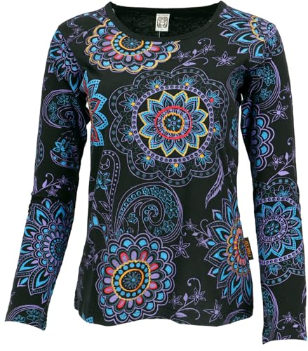 GURU SHOP Besticktes Langarmshirt Hippie Chic Retro - Schwarz/blau, Damen, Baumwolle, Size:M von GURU SHOP