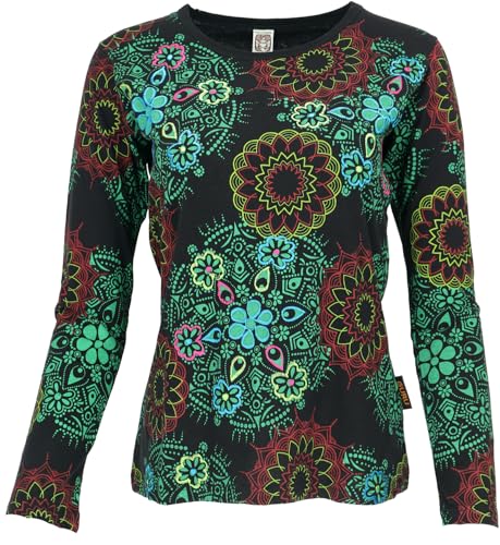 GURU SHOP Besticktes Langarmshirt Hippie Chic Retro - Schwarz/grün, Damen, Baumwolle, Size:S von GURU SHOP