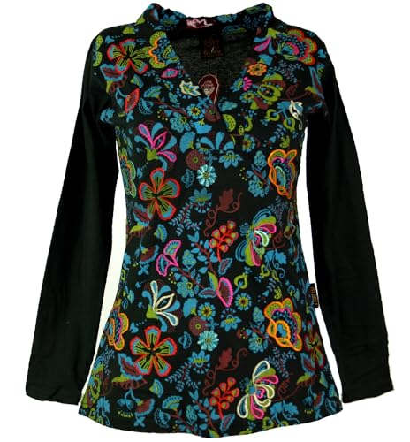 GURU SHOP Besticktes Langarmshirt mit V-Neck Flower Power Hippie Chic - Schwarz/bunt, Damen, Baumwolle, Size:S von GURU SHOP