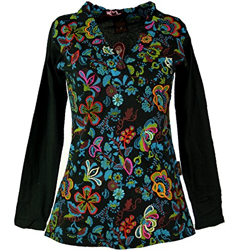 GURU SHOP Besticktes Langarmshirt mit V-Neck Flower Power Hippie Chic, Schwarz/bunt, Baumwolle, Size:XL (42) von GURU SHOP