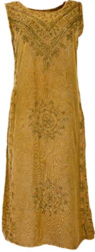 GURU SHOP Besticktes Sommerkleid, Midikleid, Indisches Hippie Kleid in 7/8 Länge, Damen, Goldbraun Design 10, Synthetisch, Size:42 von GURU SHOP