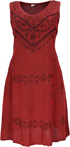 GURU SHOP Besticktes Sommerkleid, Midikleid, Indisches Hippie Kleid in 7/8 Länge, Rot, Damen, Design 3, Synthetisch, Size:40 von GURU SHOP