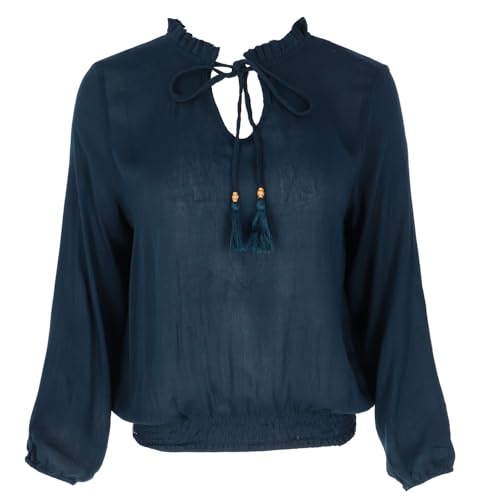 GURU SHOP Blusentop Boho Chic, Luftige Viscose Crepe Langarmbluse - Petrol, Damen, Size:S von GURU SHOP