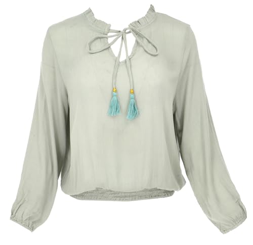 GURU SHOP Blusentop Boho Chic, Luftige Viscose Crepe Langarmbluse - Pistazie, Damen, Size:L von GURU SHOP