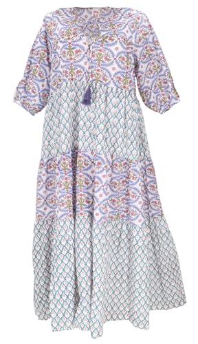 GURU SHOP Boho Baumwoll Maxikleid, Gestuftes Sommerkleid, Oversize Patchworkkleid- Weiß/blau, Damen, Baumwolle von GURU SHOP