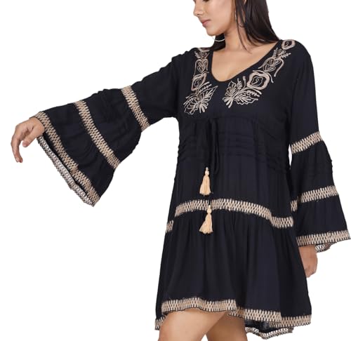 GURU SHOP Boho Krinkelbluse, Bestickte Hippie Tunika - Schwarz, Damen, Synthetisch, Size:S von GURU SHOP