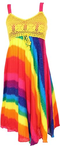GURU SHOP Boho Minikleid, Sommerkleid, Krinkelkleid - Regenbogen/gelb, Damen, Synthetisch von GURU SHOP