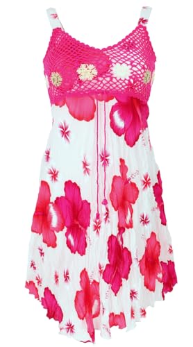 GURU SHOP Boho Minikleid, Sommerkleid Hawaii, Krinkelkleid - Weiß/Fuchsia, Damen, Synthetisch von GURU SHOP