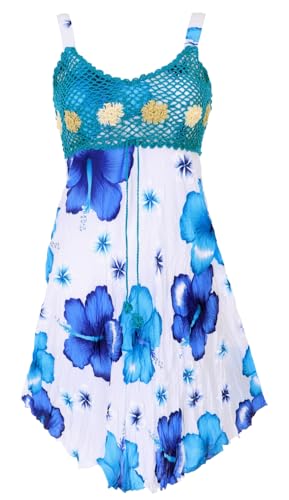 GURU SHOP Boho Minikleid, Sommerkleid Hawaii, Krinkelkleid - Weiß/türkis, Damen, Synthetisch von GURU SHOP