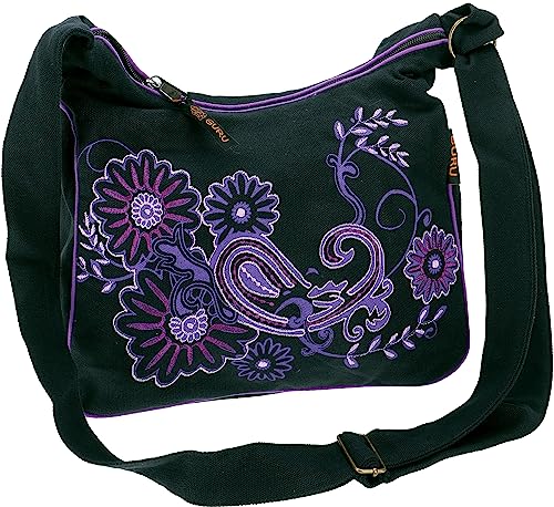 GURU SHOP Boho Schultertasche, Hippie Tasche, Bestickte Goa Tasche - Schwarz/lila, Herren/Damen, Violett, Baumwolle, Size:One Size, 23x28x9 cm, Alternative Umhängetasche, Handtasche aus Stoff von GURU SHOP