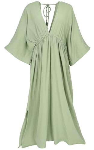 GURU SHOP Boho Sommerkleid, Luftiges Langarm-Baumwollkleid mit Tiefem Ausschnitt, Maxikleid, Kaftan - Salbei, Damen von GURU SHOP