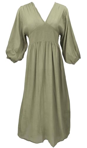 GURU SHOP Boho Sommerkleid, Luftiges Langarm Baumwollkleid mit Tiefem Ausschnitt - Olivgrün, Damen, Baumwolle von GURU SHOP
