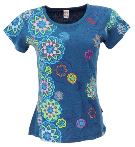 GURU SHOP Boho T-Shirt mit Stickerei, Druck, Baumwoll T-Shirt mit Blüten - Blau, Damen, Baumwolle, Size:L von GURU SHOP