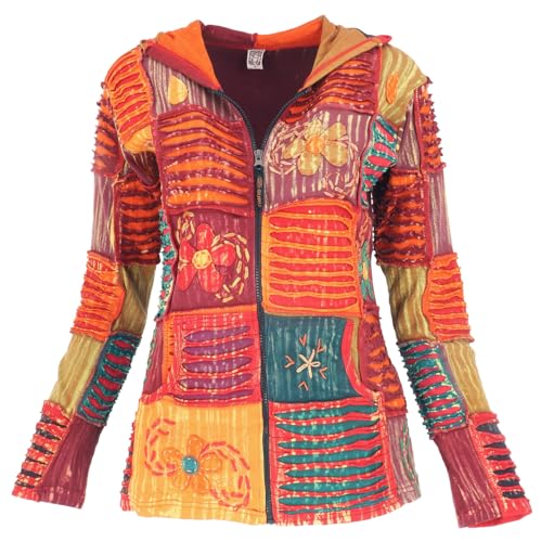 GURU SHOP Bunte Patchwork Jacke, Boho Unikat Hippie Jacke mit Zipfelkapuze - Orange, Damen, Baumwolle, Size:L von GURU SHOP