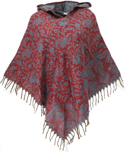 GURU SHOP Ethno, Hippie Poncho mit Langer Zipfelkapuze - Weinrot/petrol, Damen, Synthetisch von GURU SHOP