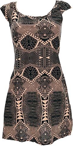 GURU SHOP Ethno Minikleid, Goakleid mit Ärmelchen, Psychodelischem Druck, Schwarz/Sand, Baumwolle, Size:XL (42) von GURU SHOP