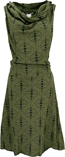 GURU SHOP Ethno Minikleid, Goakleid mit Wasserfallkragen, Psychodelischem Druck, Olivgrün, Baumwolle, Size:S (36) von GURU SHOP