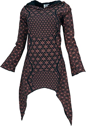 GURU SHOP Ethno Pixi Minikleid, Bedrucktes Goakleid Langarm, Schwarz/rost, Baumwolle, Size:L (40) von GURU SHOP