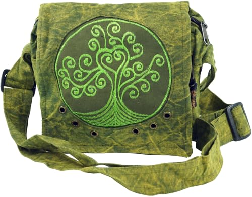 GURU SHOP Ethno Schultertasche, Nepaltasche Stonewash `Tree of Life` - Grün, Unisex - Erwachsene, Baumwolle, 18x20x10 cm von GURU SHOP