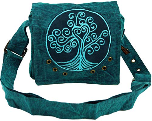 GURU SHOP Ethno Schultertasche, Nepaltsche Stonewash `Tree of Life` - Petrol, Herren/Damen, Blau, Baumwolle, Size:One Size, 20x20x15 cm, Alternative Umhängetasche, Handtasche aus Stoff von GURU SHOP