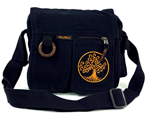 GURU SHOP Ethno Schultertasche `Tree of Life` - Schwarz, Herren/Damen, Baumwolle, Size:One Size, 25x25x7 cm, Alternative Umhängetasche, Handtasche aus Stoff von GURU SHOP