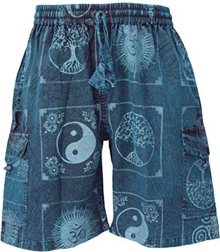 GURU SHOP Ethno Yogashorts, Stonewash Shorts aus Nepal, Blau, Baumwolle, Size:M (46) von GURU SHOP