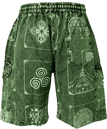 GURU SHOP Ethno Yogashorts, Stonewash Shorts aus Nepal, Grün, Baumwolle, Size:XL (50) von GURU SHOP