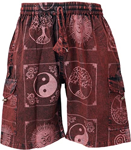 GURU SHOP Ethno Yogashorts, Stonewash Shorts aus Nepal, Rot, Baumwolle, Size:XL (50) von GURU SHOP