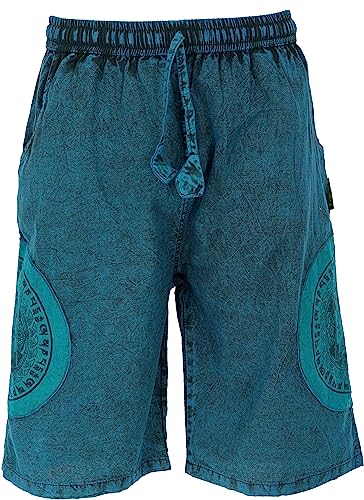 GURU SHOP Ethno Yogashorts, Stonwasch Patchwork Shorts mit Thanka Print, Blau, Baumwolle, Size:XL (52) von GURU SHOP