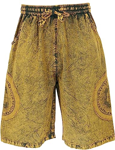 GURU SHOP Ethno Yogashorts, Stonwasch Patchwork Shorts mit Thanka Print, Gelb, Baumwolle, Size:M (48) von GURU SHOP