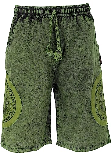 GURU SHOP Ethno Yogashorts, Stonwasch Patchwork Shorts mit Thanka Print, Grün, Baumwolle, Size:M (48) von GURU SHOP