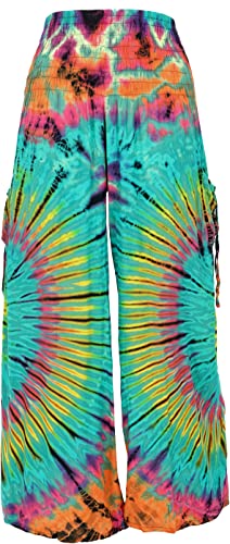 GURU SHOP Farbenfrohe Batikhose, Palazzohose, Weite Sommerhose, Türkisgrün, Synthetisch, Size:M (38) von GURU SHOP